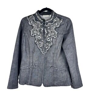 Chicos Denim Jacket Women's Medium 1 Black Long Sleeve‎ Sequins Embroidery Boho